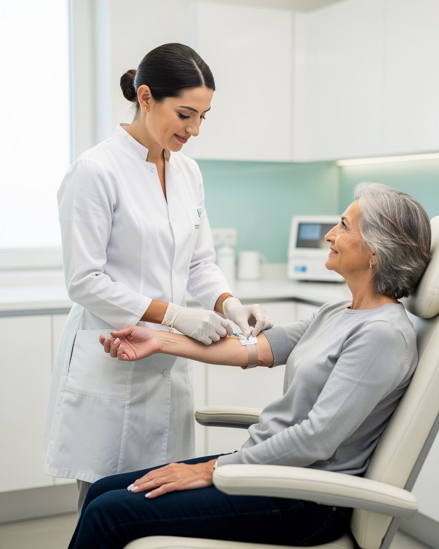 Professional clinician preparing a blood draw in a clean, bright medical setting with a calm premium atmosphere