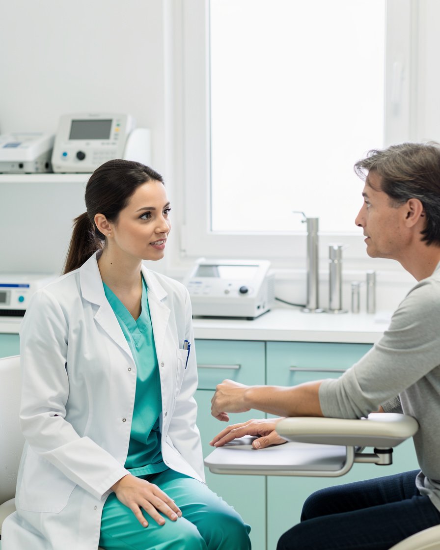 Calm medical professional assisting a patient in a bright clinical room with premium minimal styling