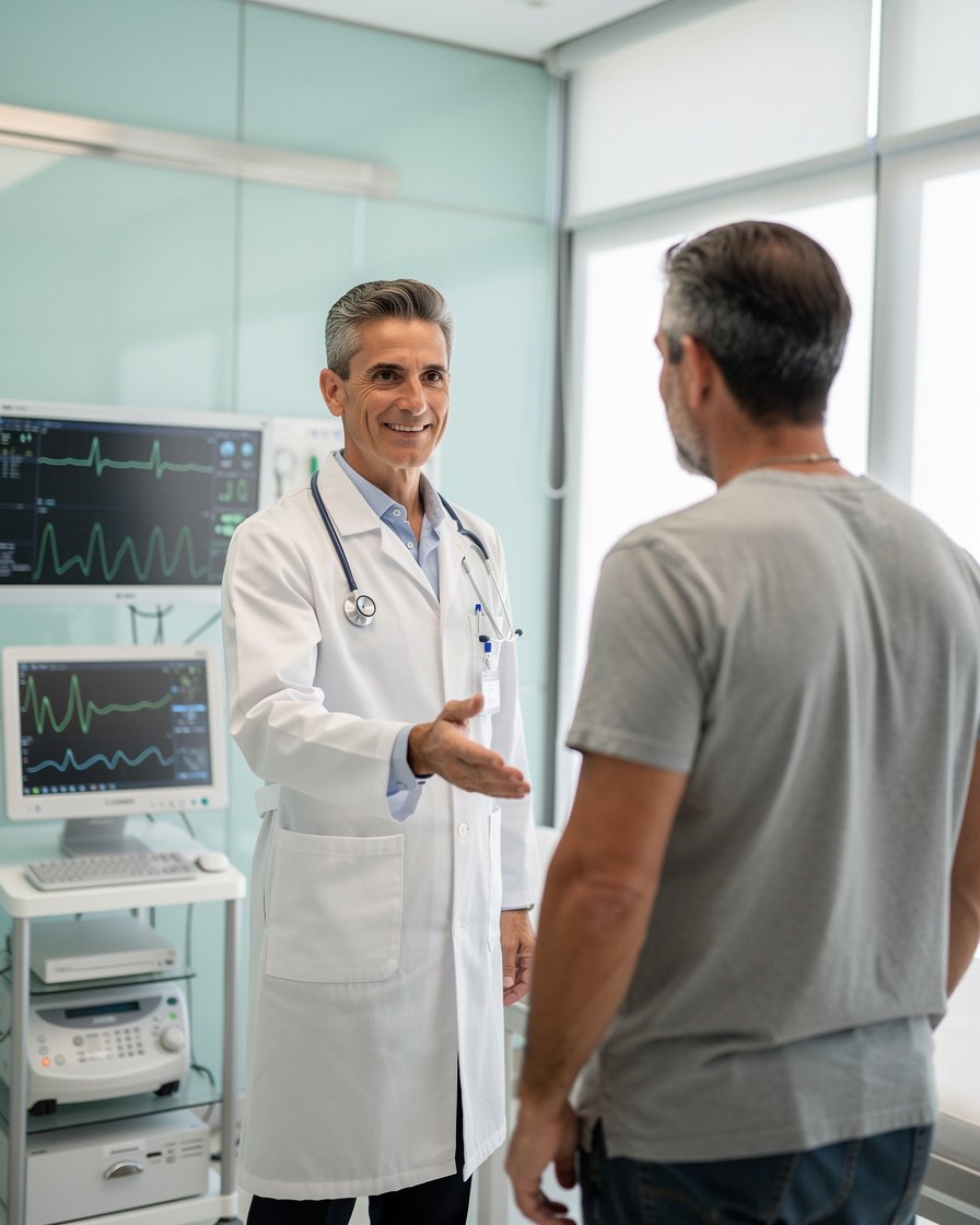 Cardiologo in studio diagnostico moderno con paziente e monitor ECG, in un ambiente clinico luminoso e professionale