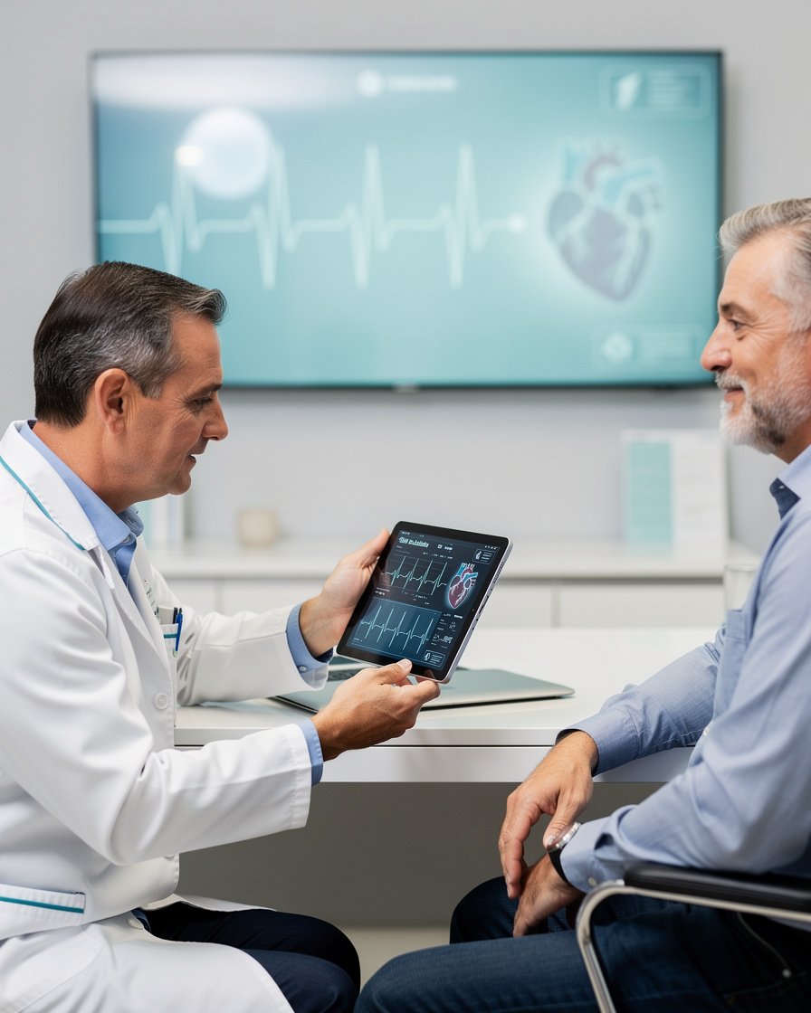 Cardiologo che spiega i risultati di un controllo cardiaco a un paziente in un ambiente medico luminoso e ordinato