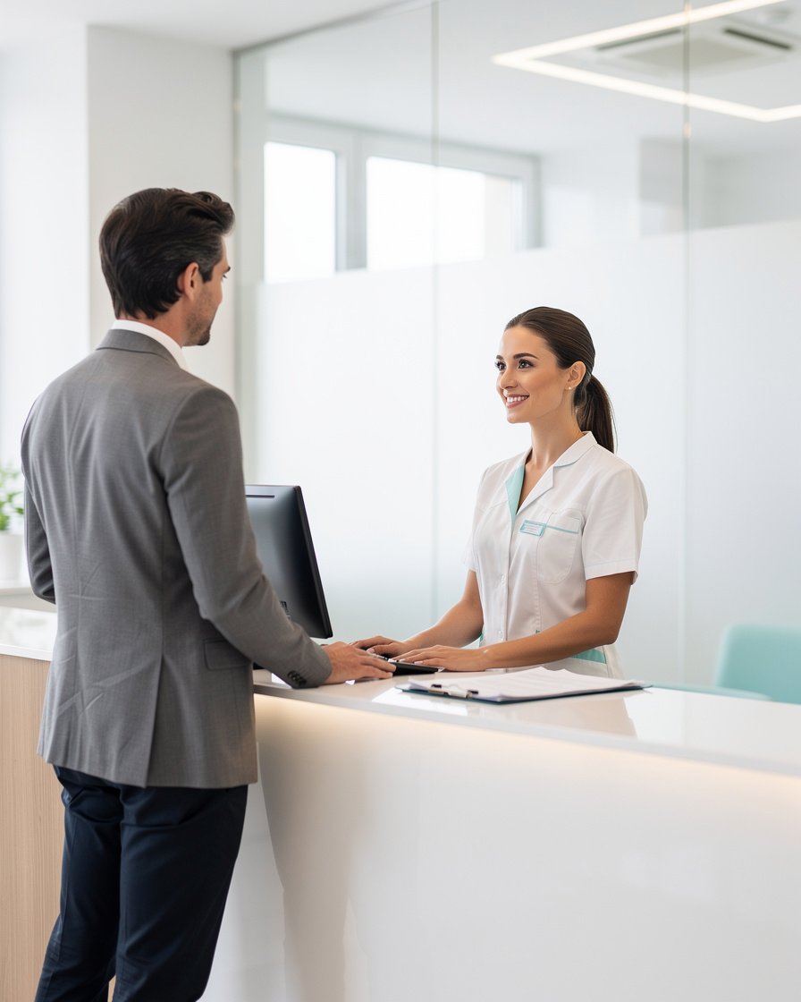 Operatrice sanitaria in un ambiente medico moderno e ordinato, pronta ad assistere il paziente con un contatto chiaro e professionale