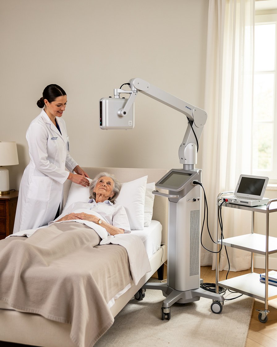 Supporto diagnostico professionale a domicilio in un ambiente domestico elegante e rassicurante con medico e paziente