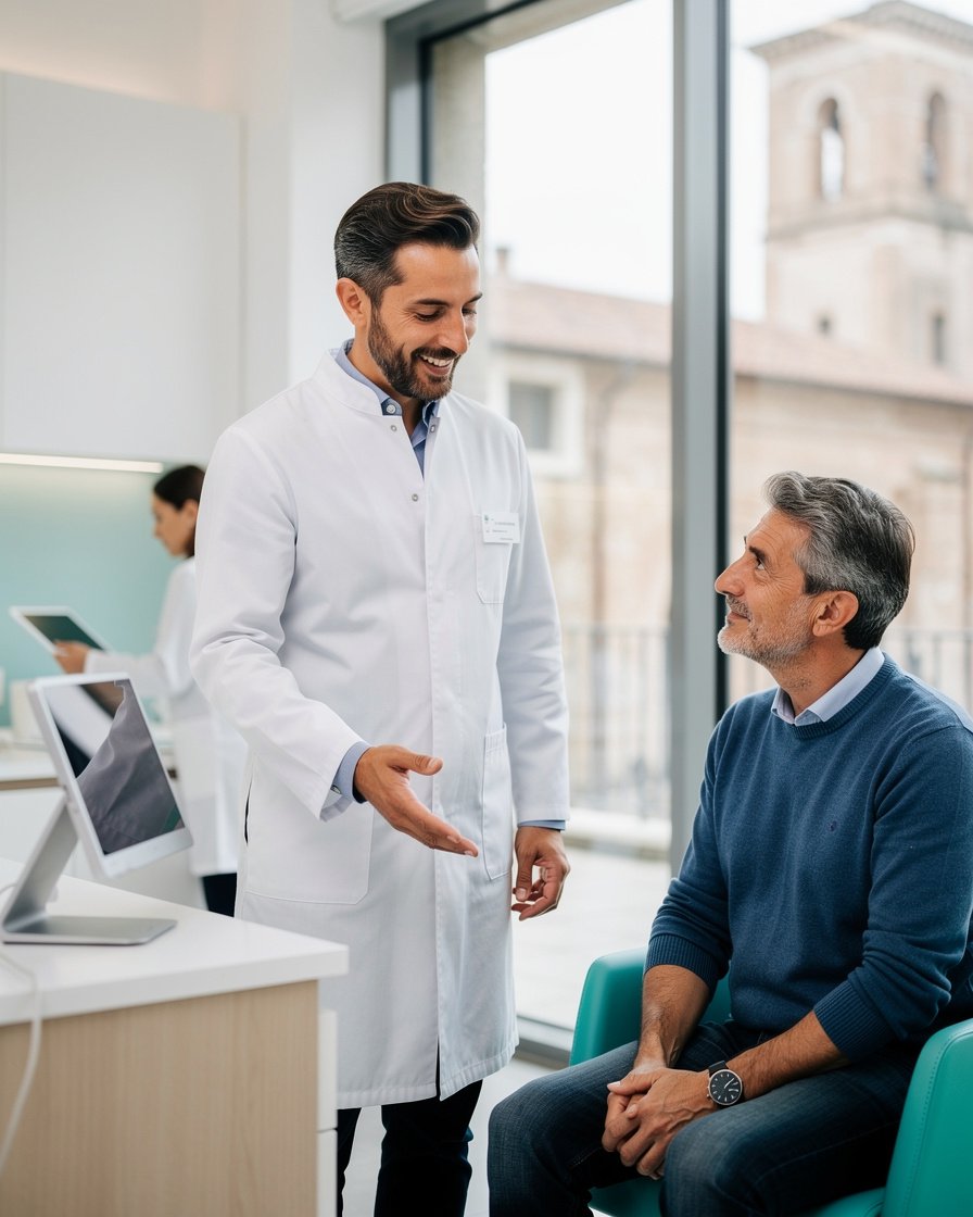 Ambiente clinico moderno con professionista sanitario e paziente in un contesto diagnostico elegante e luminoso
