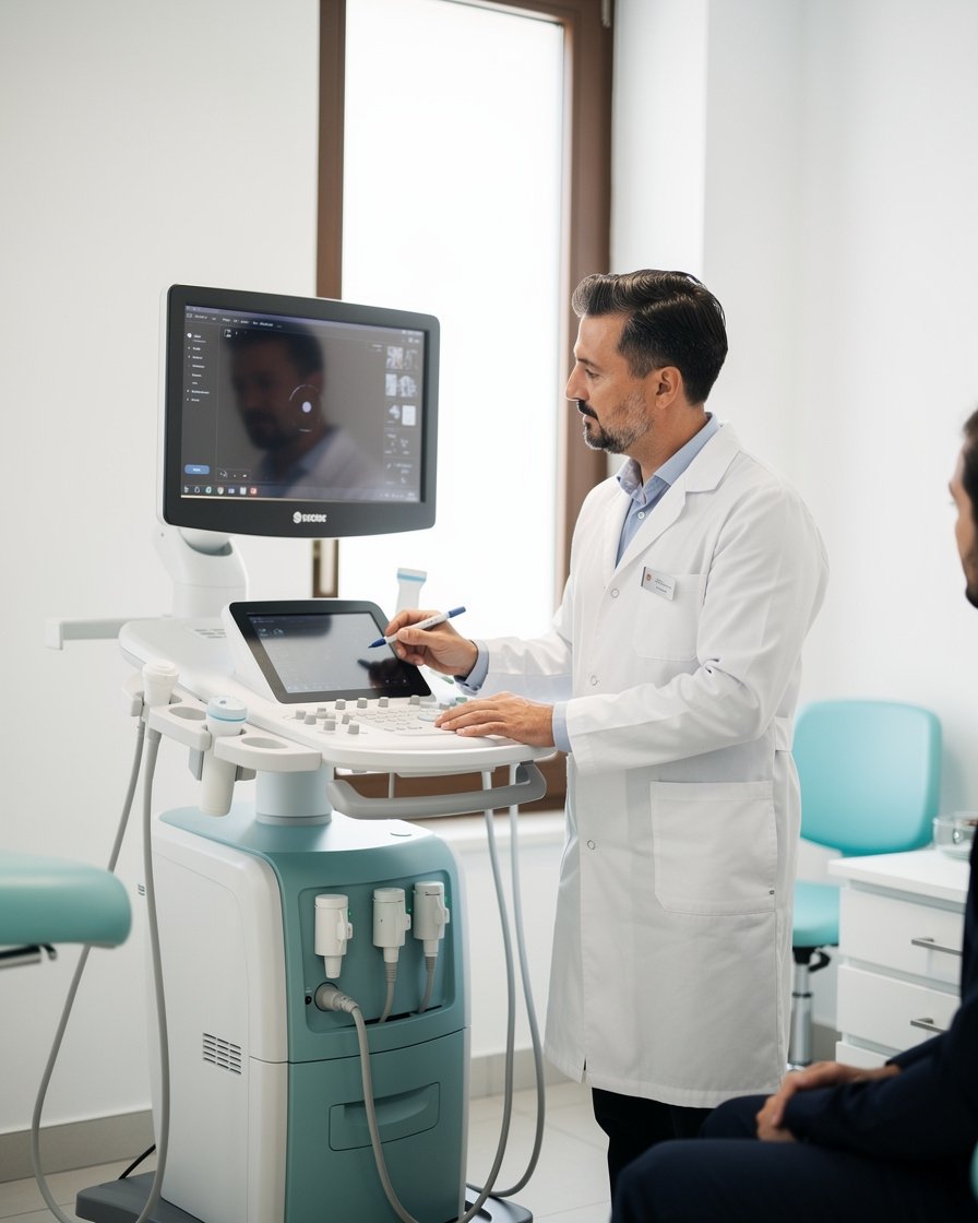 Professionista sanitario in un ambiente medico organizzato con strumentazione moderna e atmosfera premium