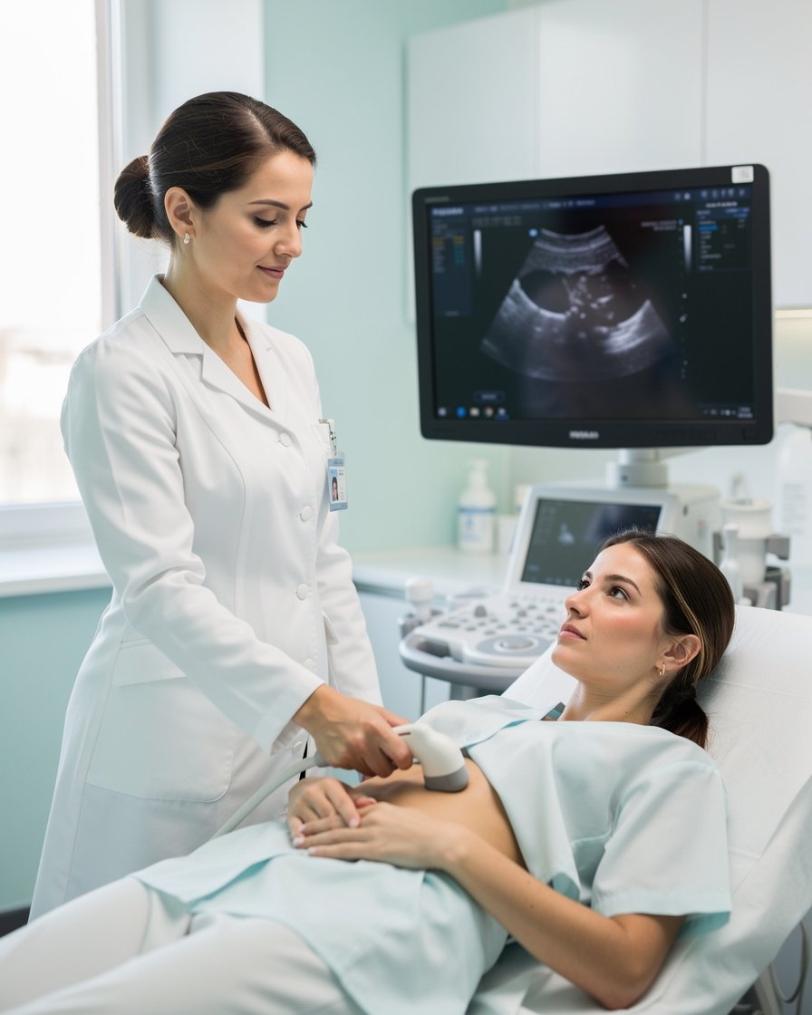 Ecografia professionale in ambiente medico moderno e luminoso con specialista e paziente in una scena rassicurante