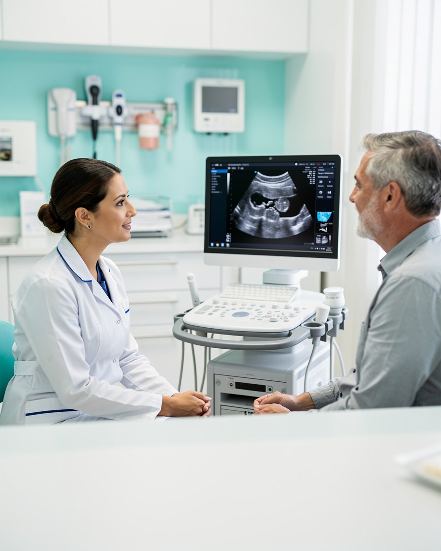 Specialista che spiega i risultati di un esame ecografico in un ambiente diagnostico moderno e professionale